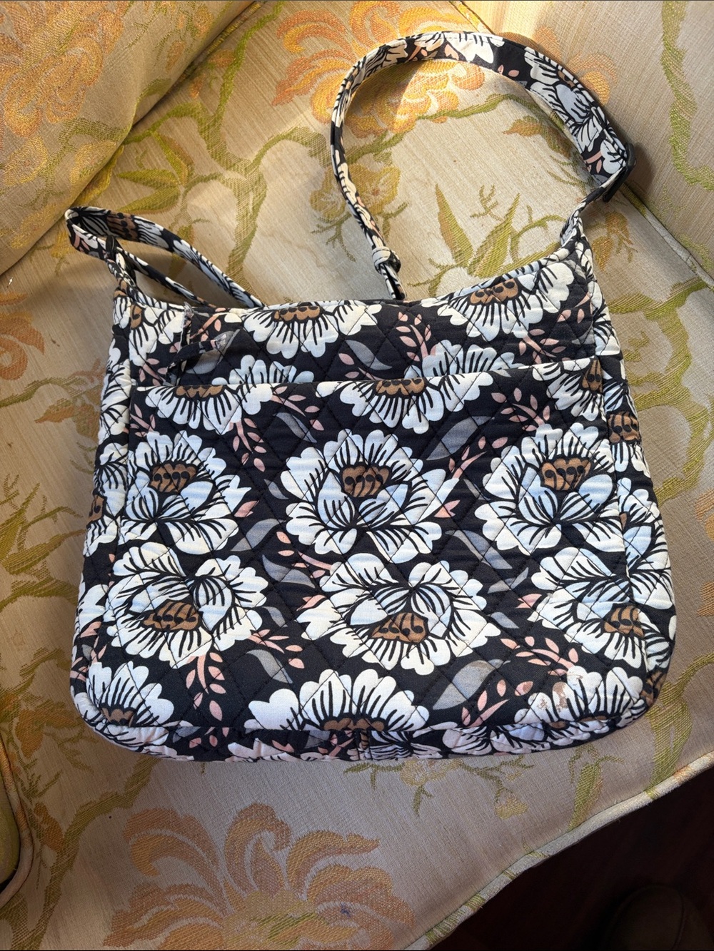 Vera Bradley Quilted Floral Shoulder Bag in Black, White and Tan “Lotus Neutral”